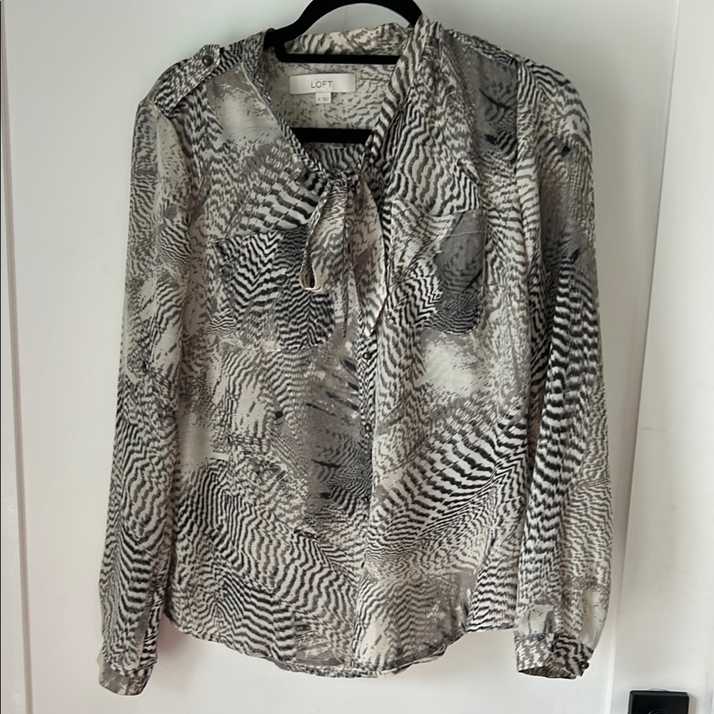 LOFT Black and Gray Relaxed Tie Front Blouse